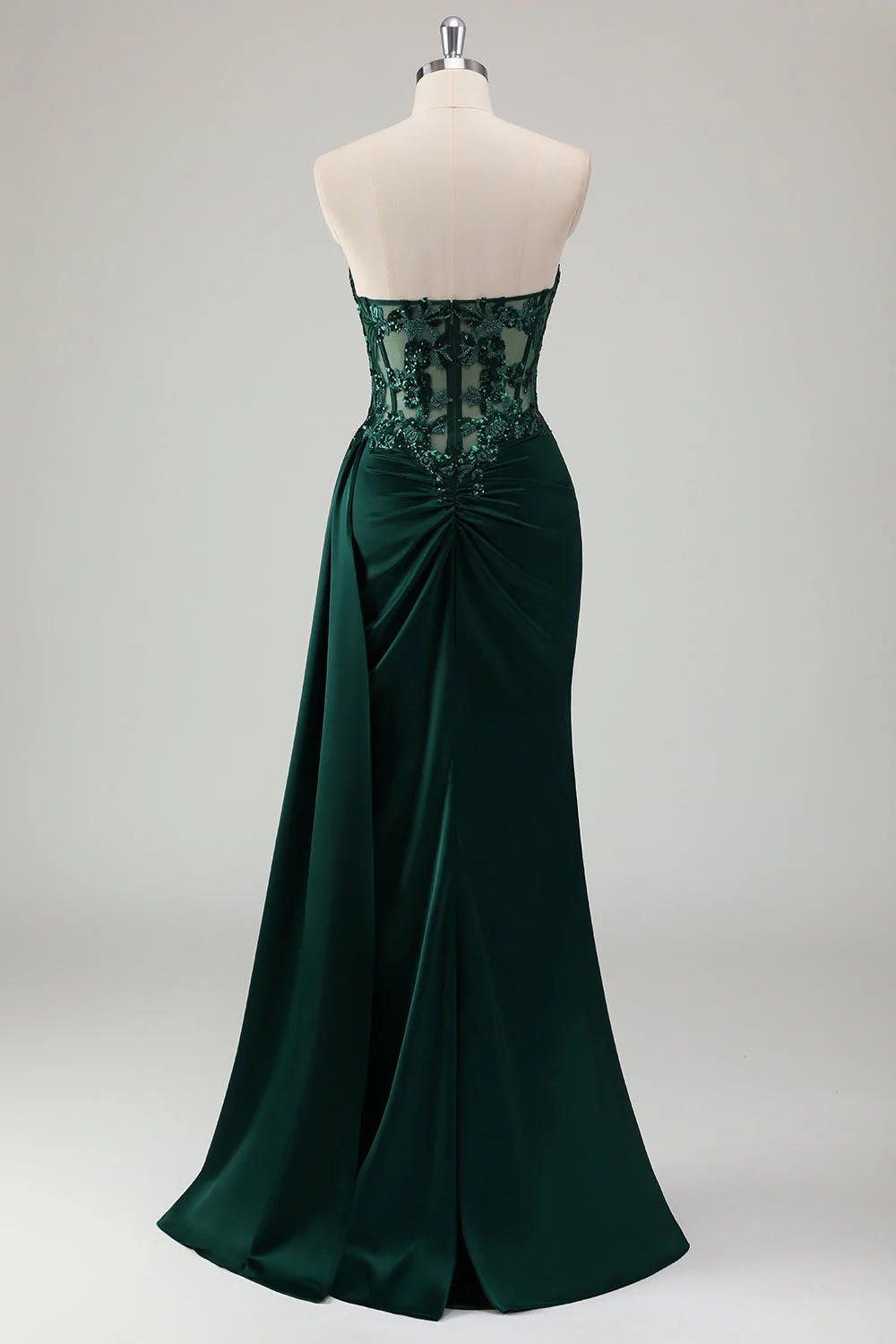 Robe de bal longue avec fente scintillante vert foncé sirène chérie corset longue avec fente - Image 2