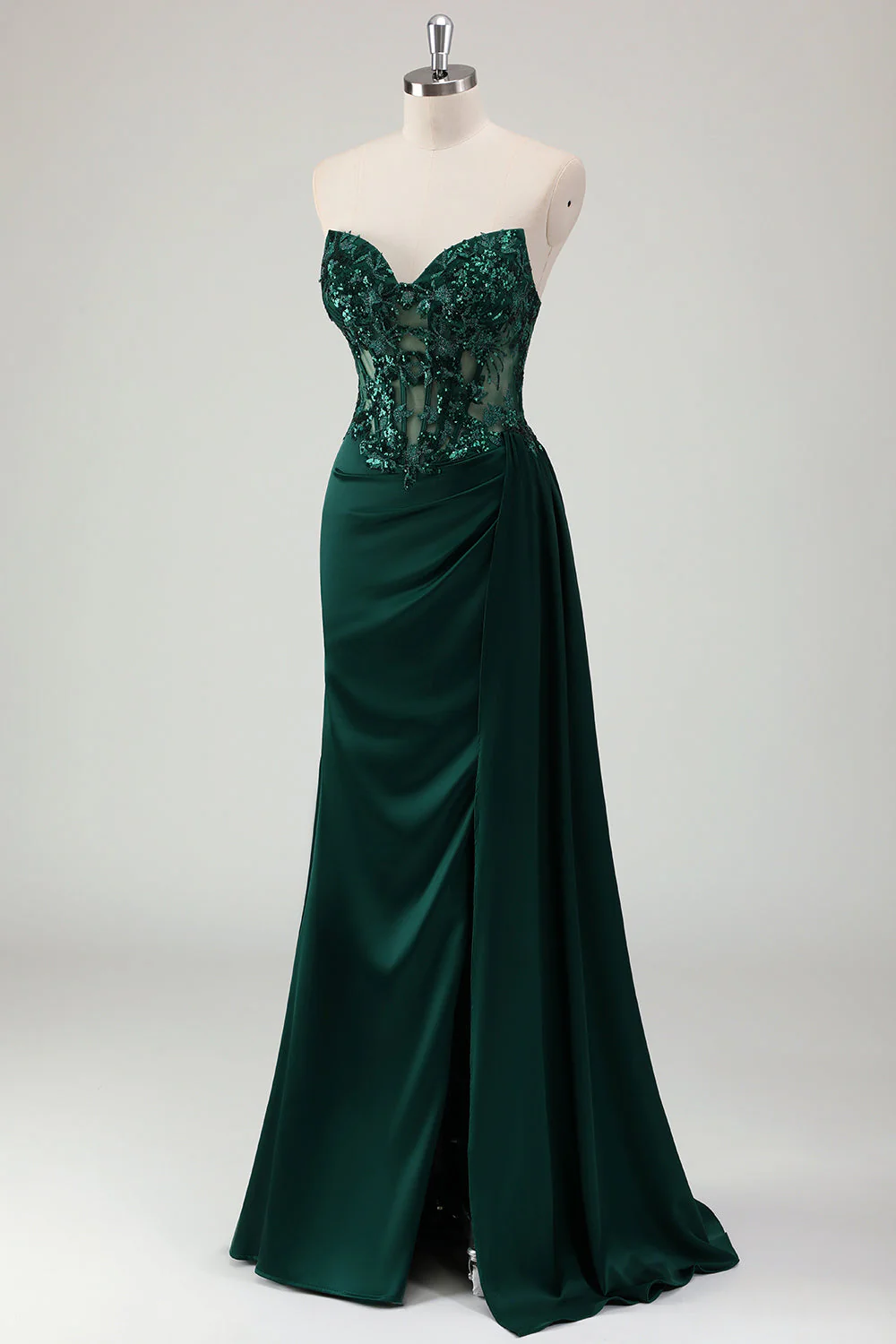 Robe de bal longue avec fente scintillante vert foncé sirène chérie corset longue avec fente - Image 3