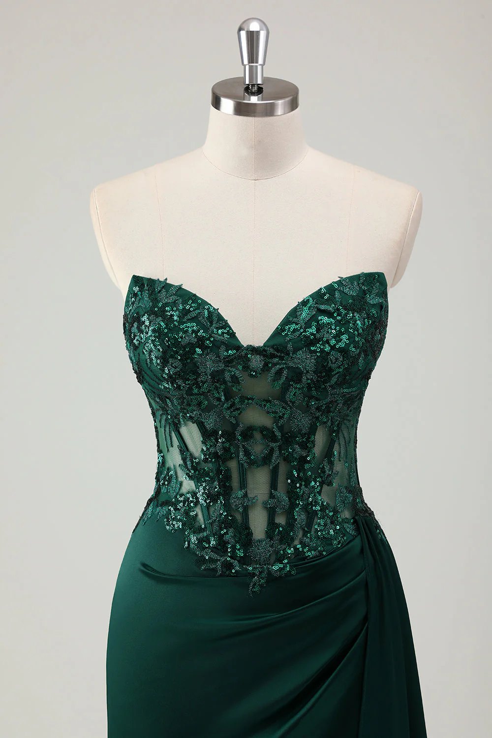 Robe de bal longue avec fente scintillante vert foncé sirène chérie corset longue avec fente - Image 4
