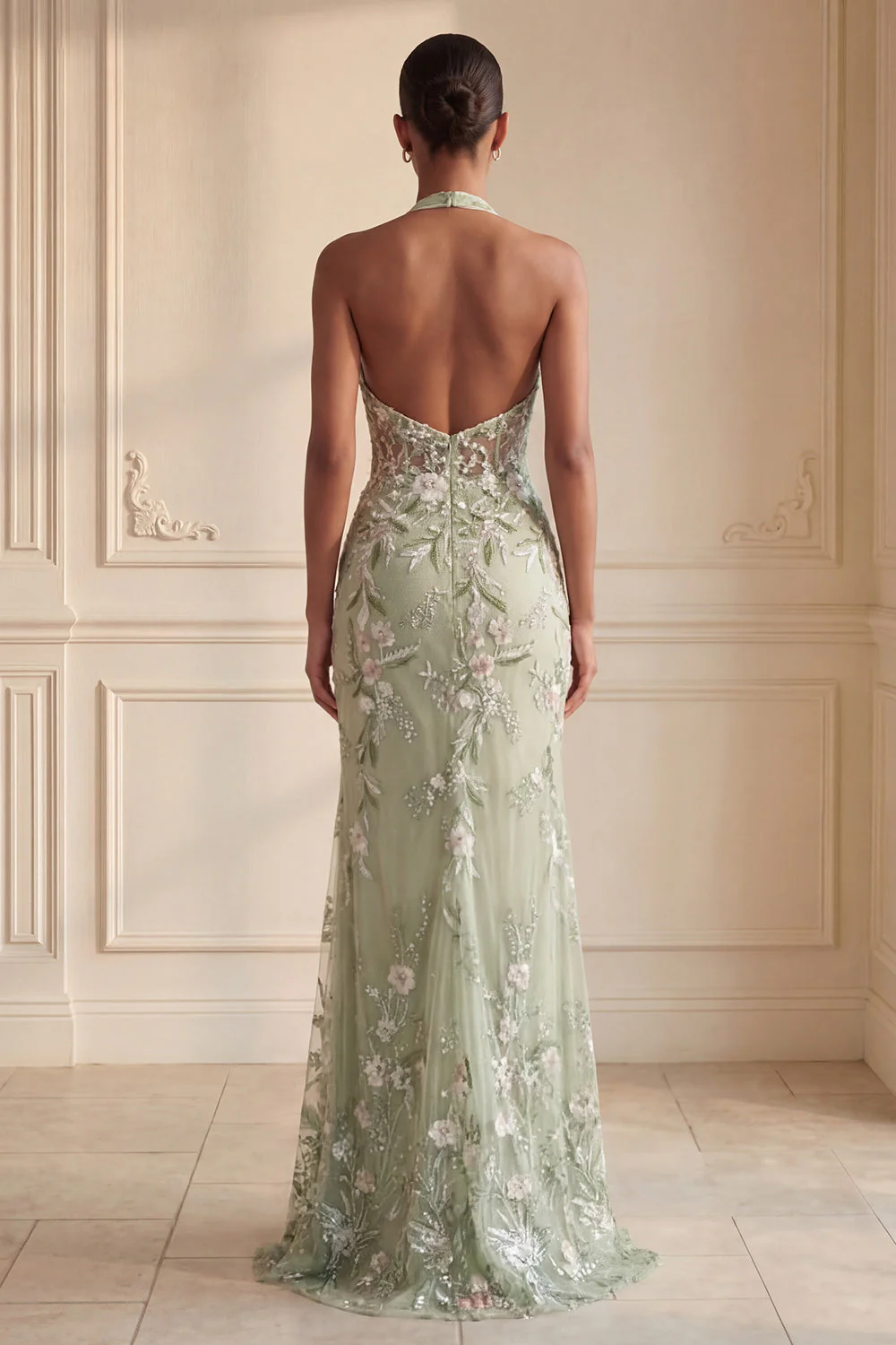 Robe de bal longue brodée à longs corsets mousseux en sauge poussiéreuse - Image 2