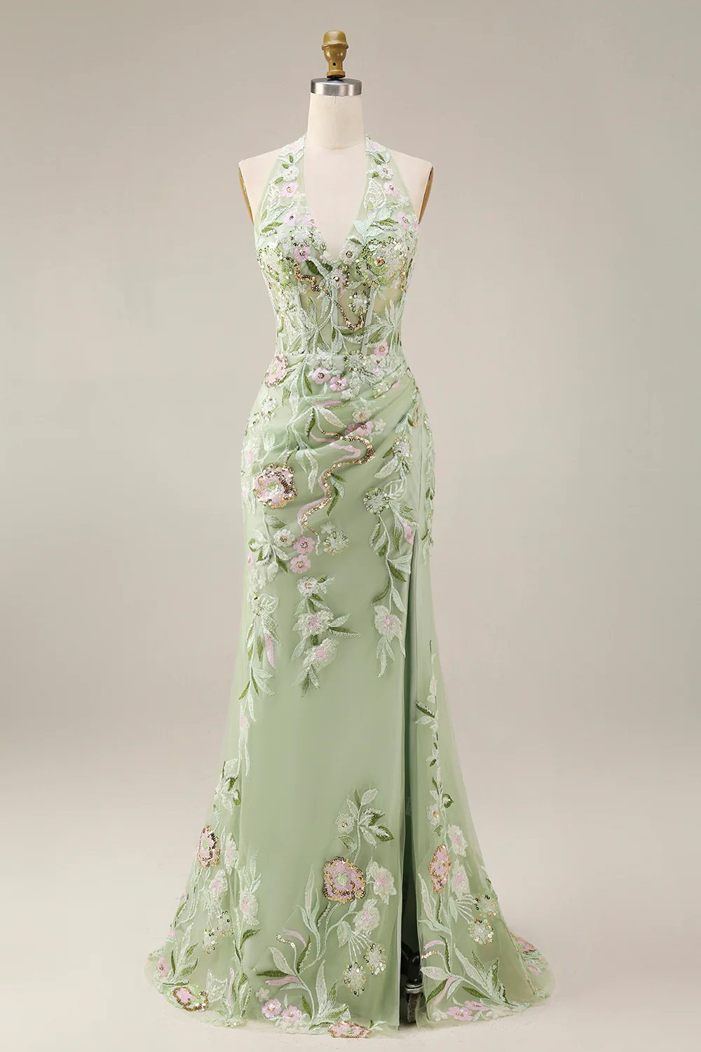 Robe de bal longue brodée à longs corsets mousseux en sauge poussiéreuse - Image 3