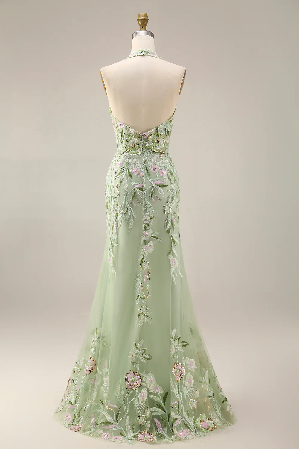 Robe de bal longue brodée à longs corsets mousseux en sauge poussiéreuse - Image 4