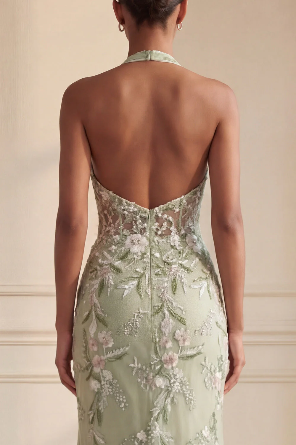 Robe de bal longue brodée à longs corsets mousseux en sauge poussiéreuse - Image 6