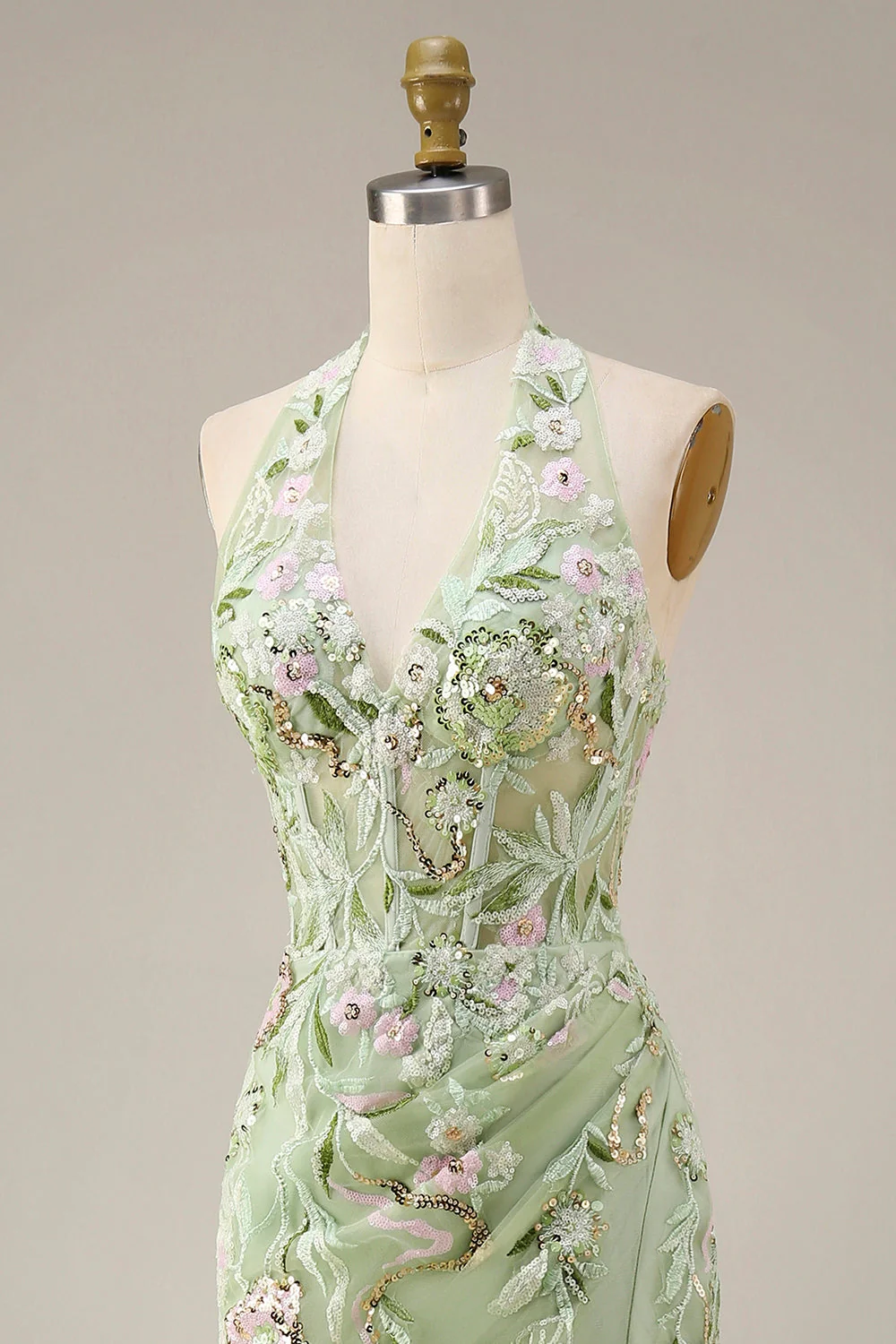 Robe de bal longue brodée en forme de corset transparent en sauge poussiéreuse avec fourreau - Image 6