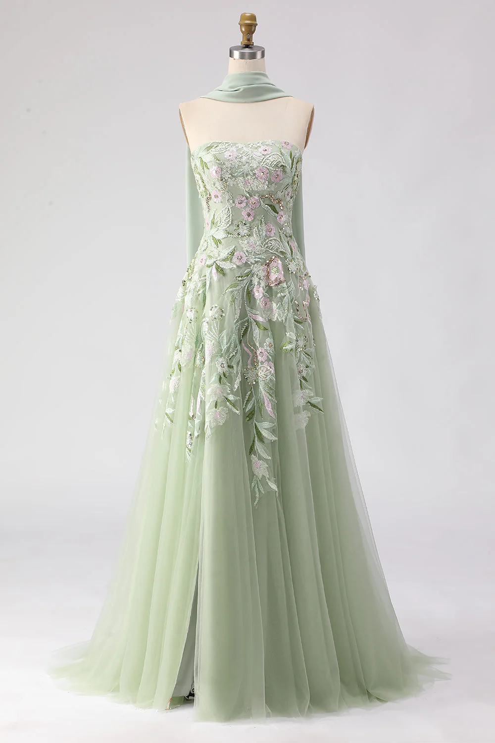 Robe de bal longue brodée en sanglante poussiéreuse en sauge en ligne A brodée
