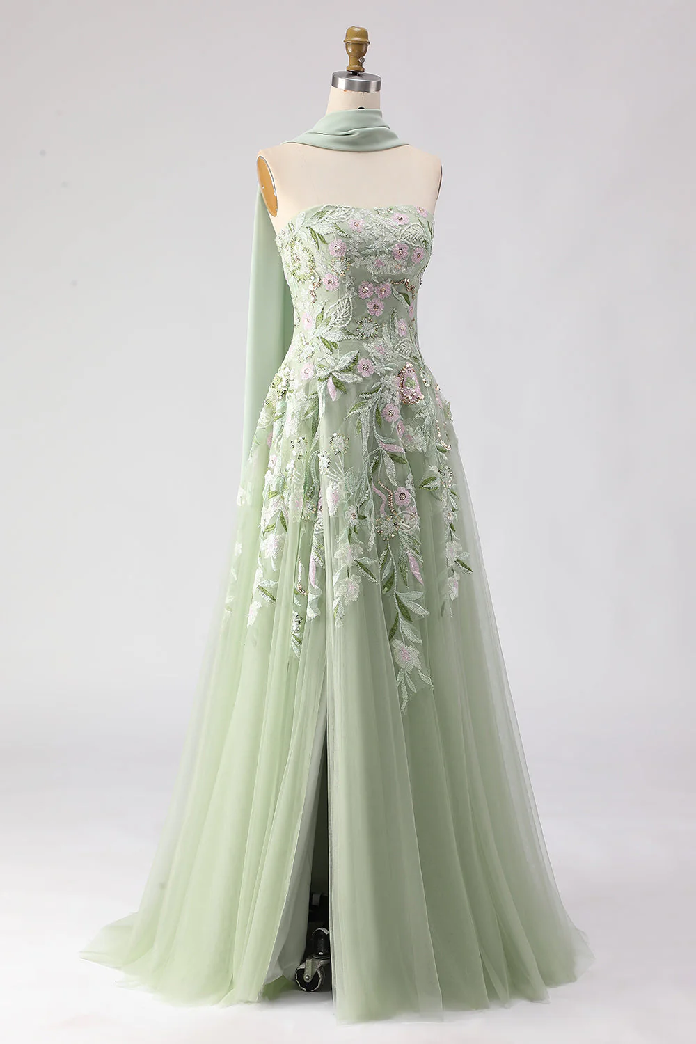 Robe de bal longue brodée en sanglante poussiéreuse en sauge en ligne A brodée - Image 5
