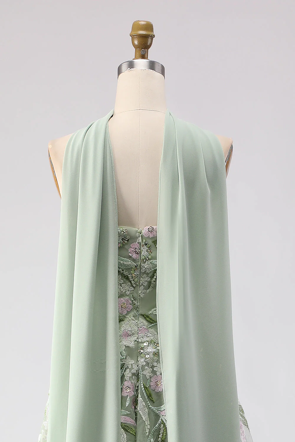 Robe de bal longue brodée en sanglante poussiéreuse en sauge en ligne A brodée - Image 7