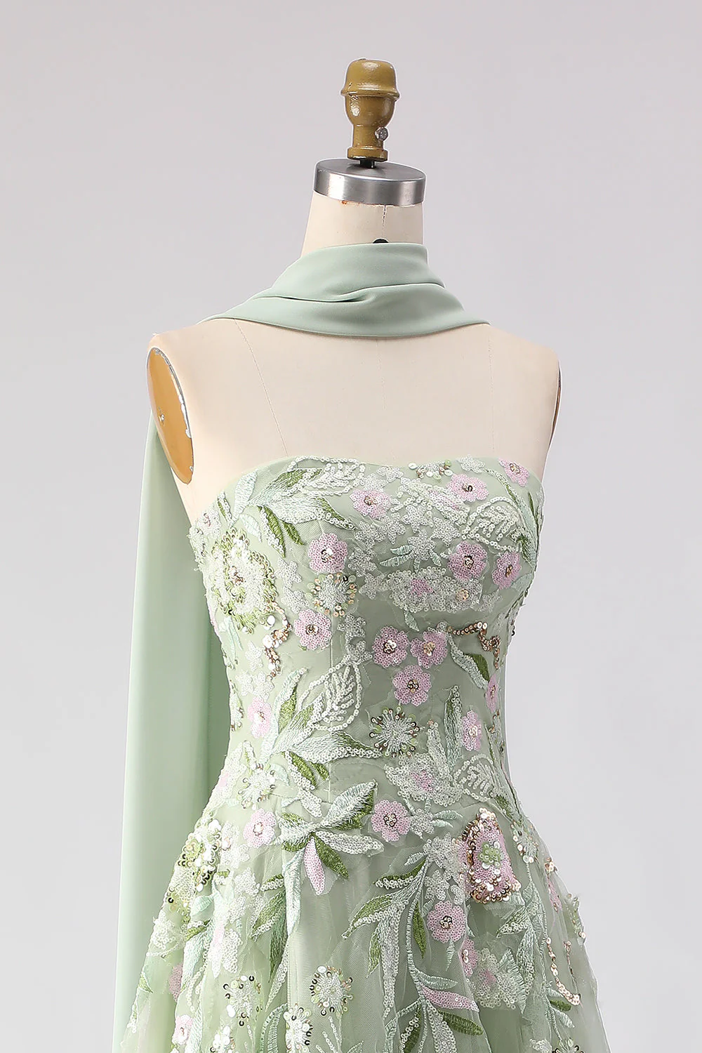 Robe de bal longue brodée en sanglante poussiéreuse en sauge en ligne A brodée - Image 8