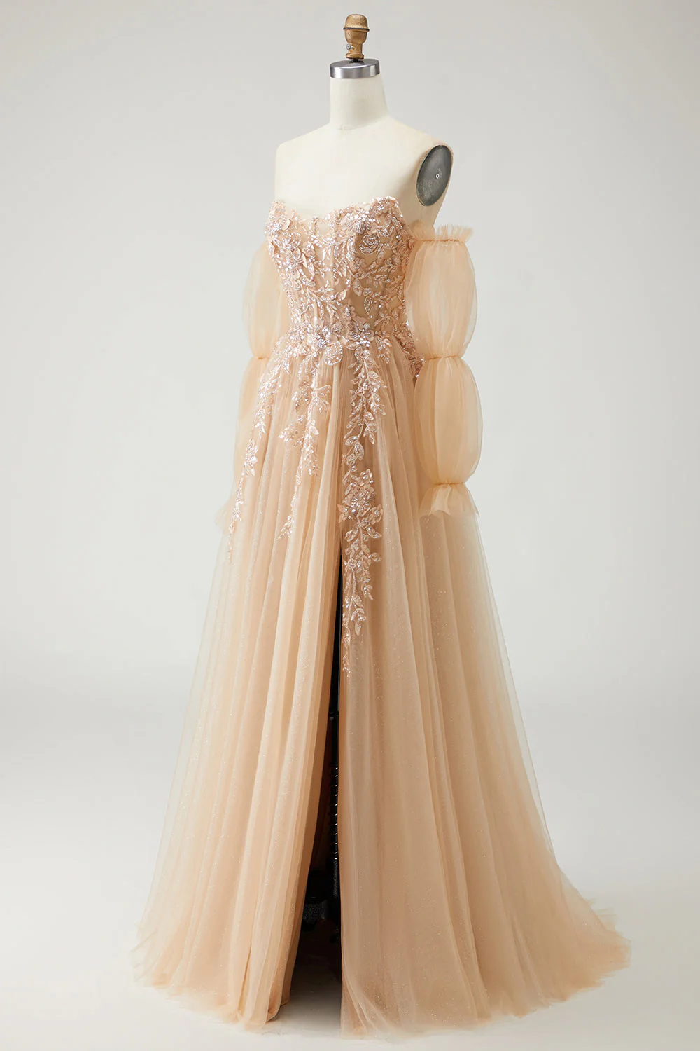 Robe de bal longue Champagne sans bretelles A Line Convertible appliqued, avec manches amovibles - Image 3