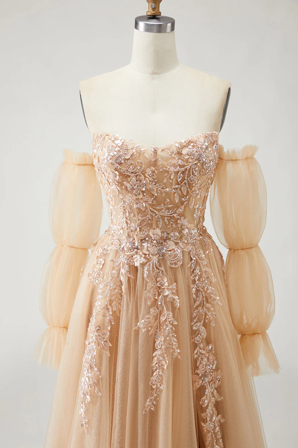 Robe de bal longue Champagne sans bretelles A Line Convertible appliqued, avec manches amovibles - Image 7