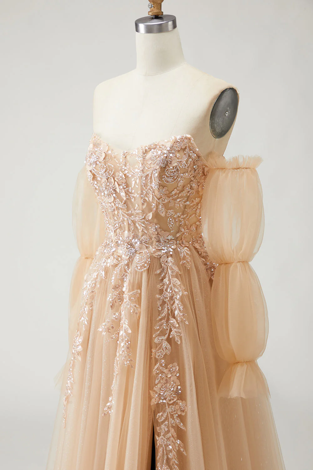 Robe de bal longue Champagne sans bretelles A Line Convertible appliqued, avec manches amovibles - Image 9