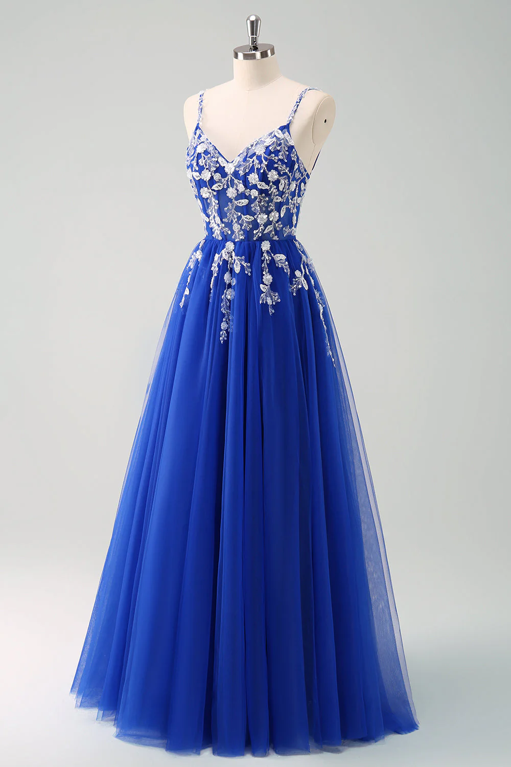 Robe de bal longue corset à bretelles spaghetti bleu royal scintillant - Image 38