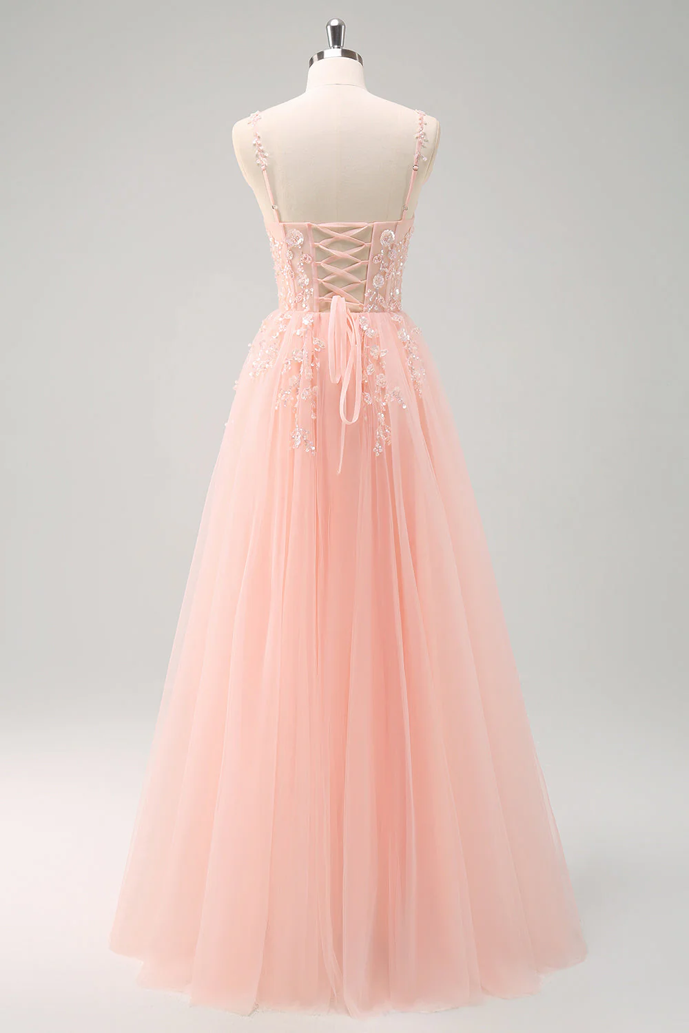 Robe de bal longue corset à bretelles spaghetti bleu royal scintillant - Image 9