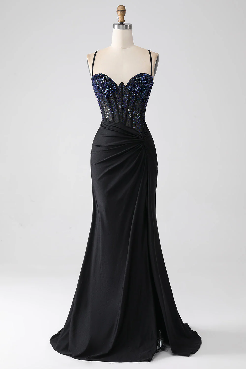 Robe de bal longue Corset à bretelles spaghetti sirène noire avec perles