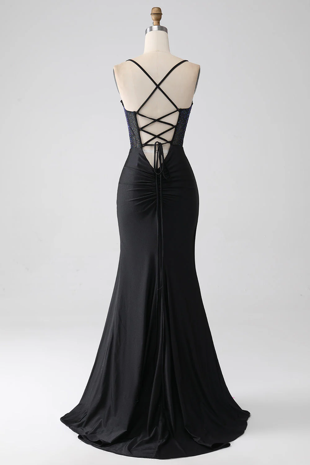 Robe de bal longue Corset à bretelles spaghetti sirène noire avec perles - Image 2