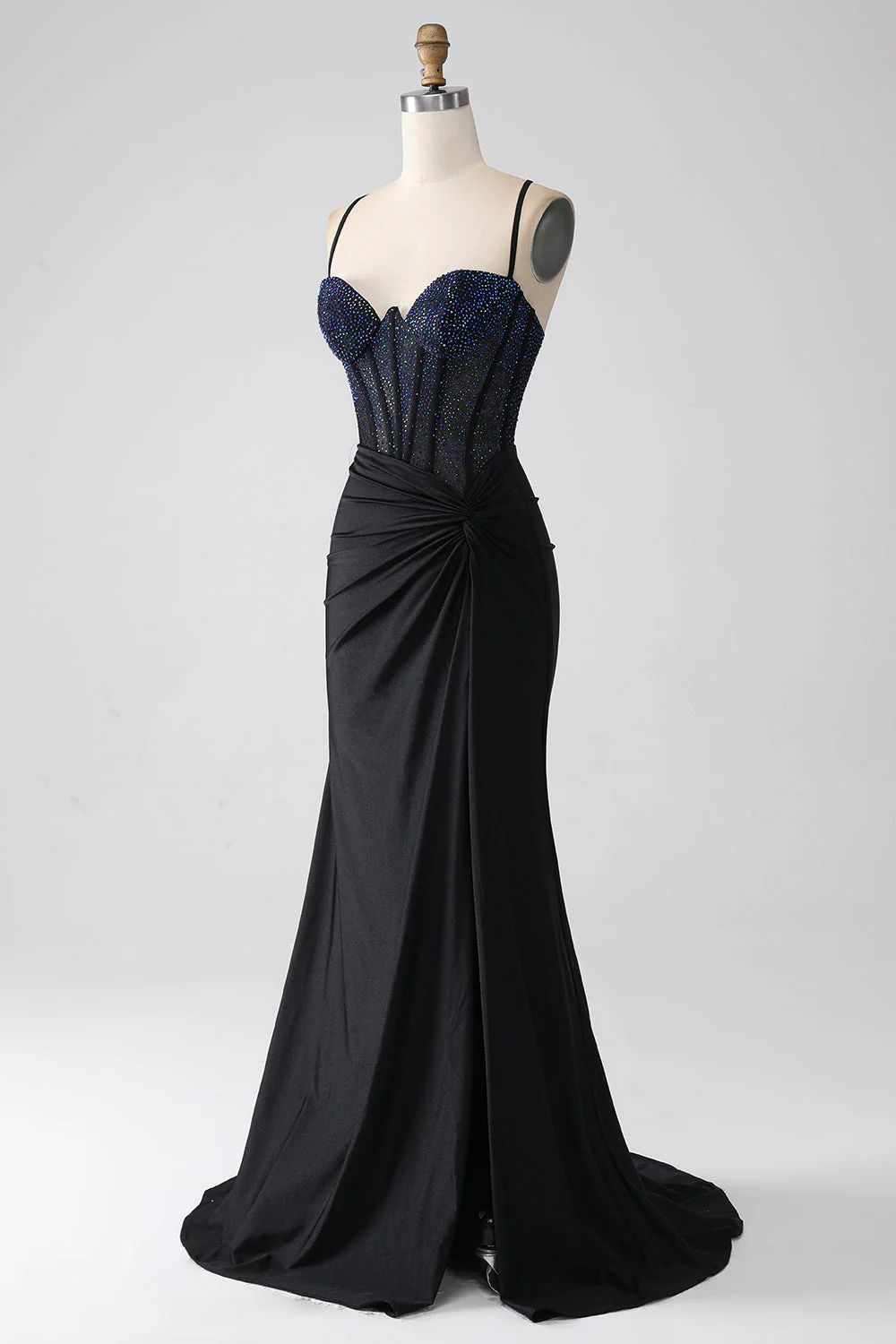 Robe de bal longue Corset à bretelles spaghetti sirène noire avec perles - Image 3