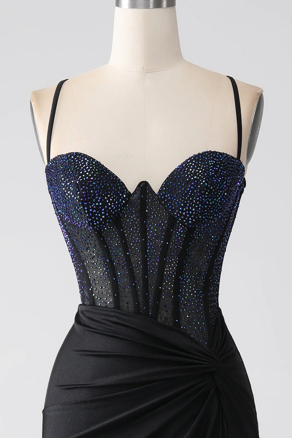 Robe de bal longue Corset à bretelles spaghetti sirène noire avec perles - Image 4