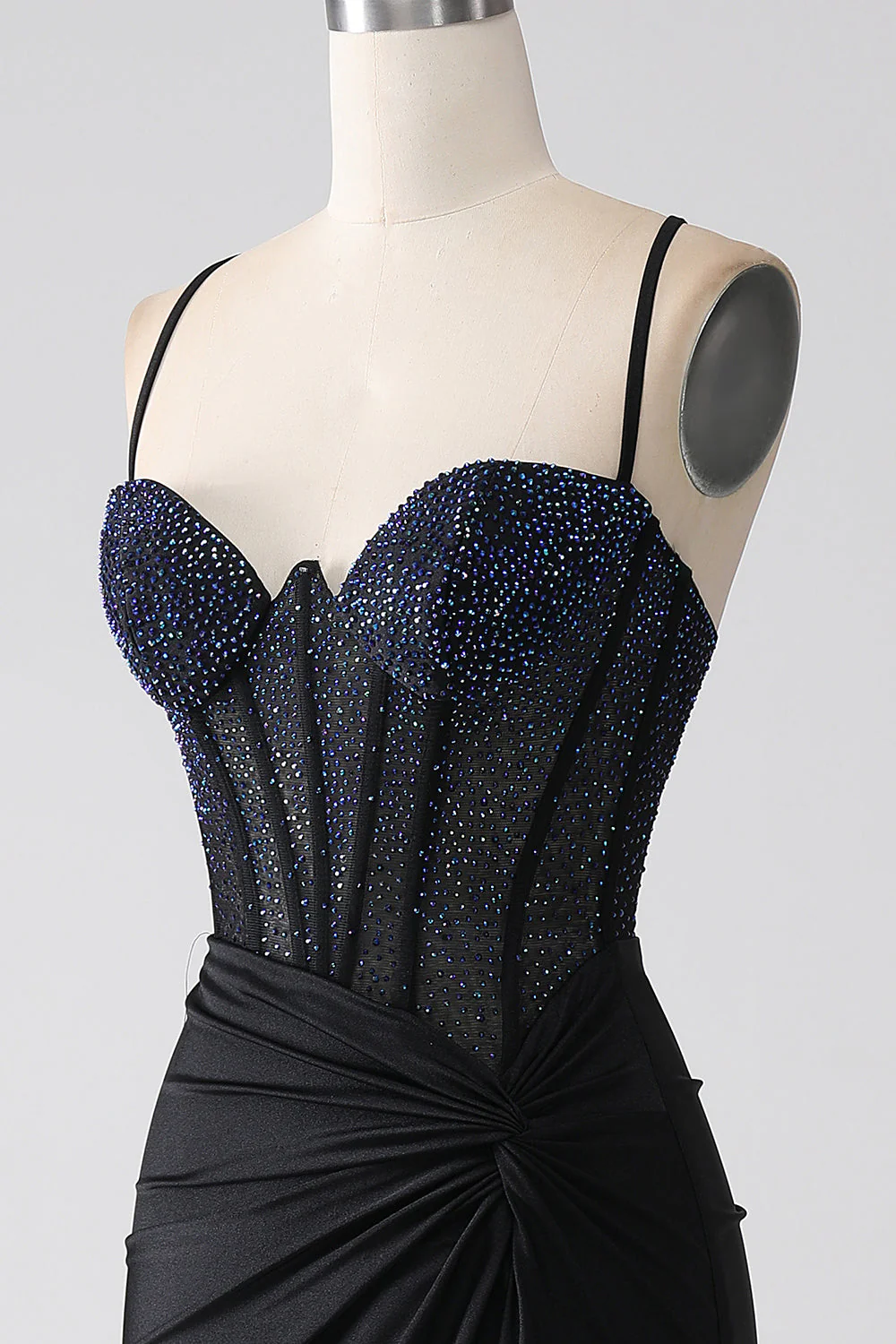 Robe de bal longue Corset à bretelles spaghetti sirène noire avec perles - Image 5