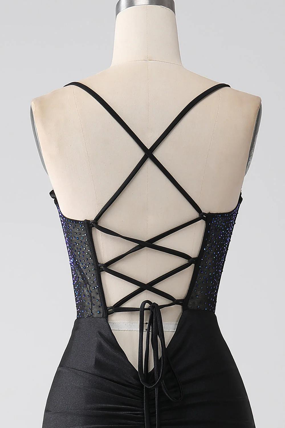 Robe de bal longue Corset à bretelles spaghetti sirène noire avec perles - Image 6
