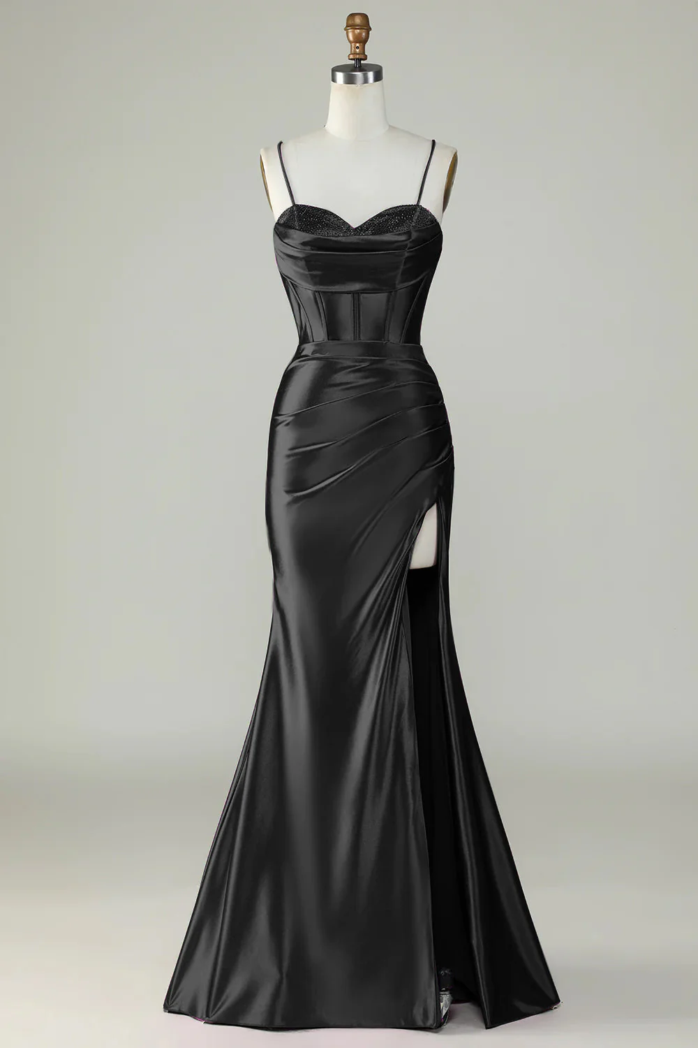 Robe de bal longue corset à bretelles spaghetti sirène orange avec fente - Image 13