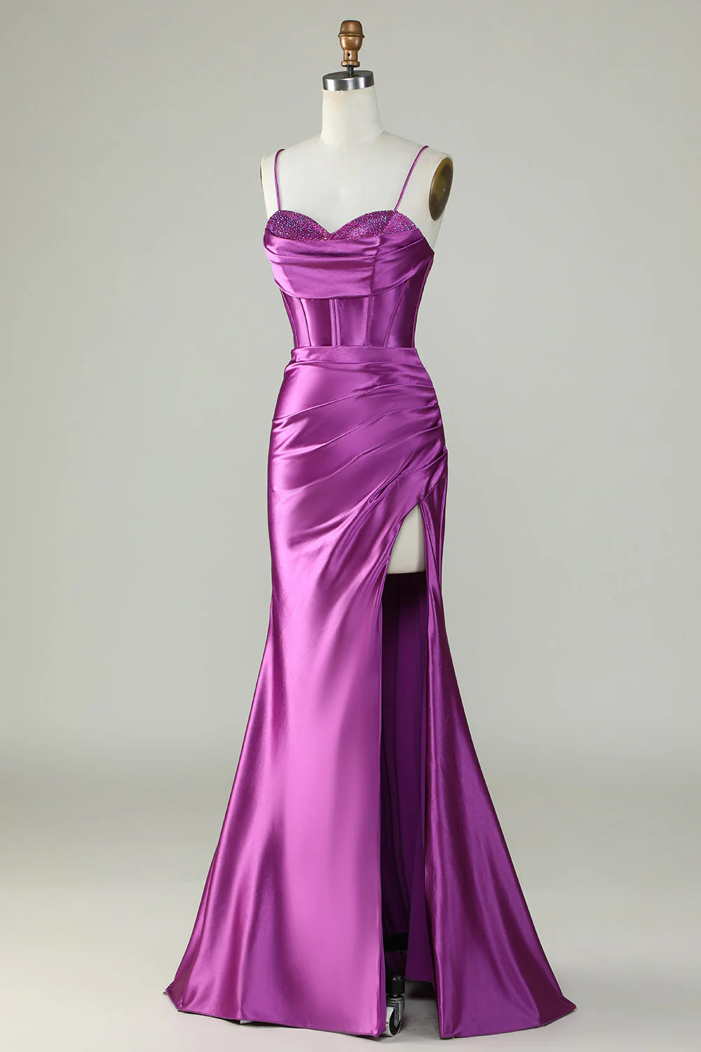 Robe de bal longue corset à bretelles spaghetti sirène orange avec fente - Image 9