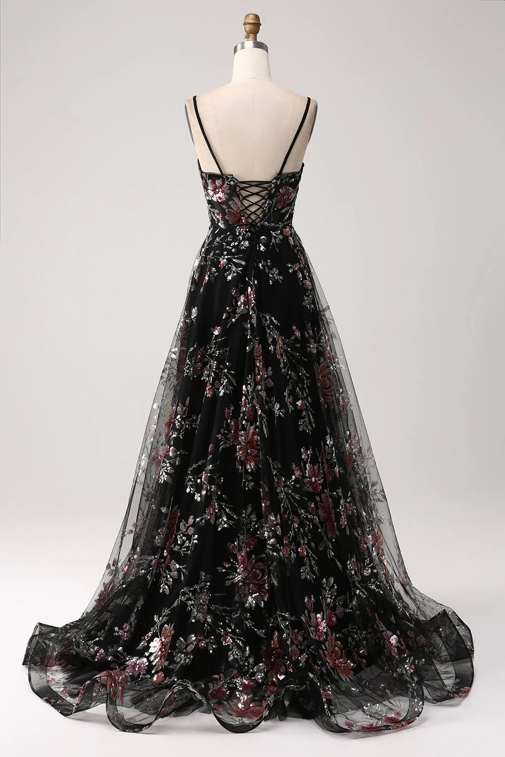 Robe de bal longue corset à paillettes de fleurs noir A-ligne - Image 2
