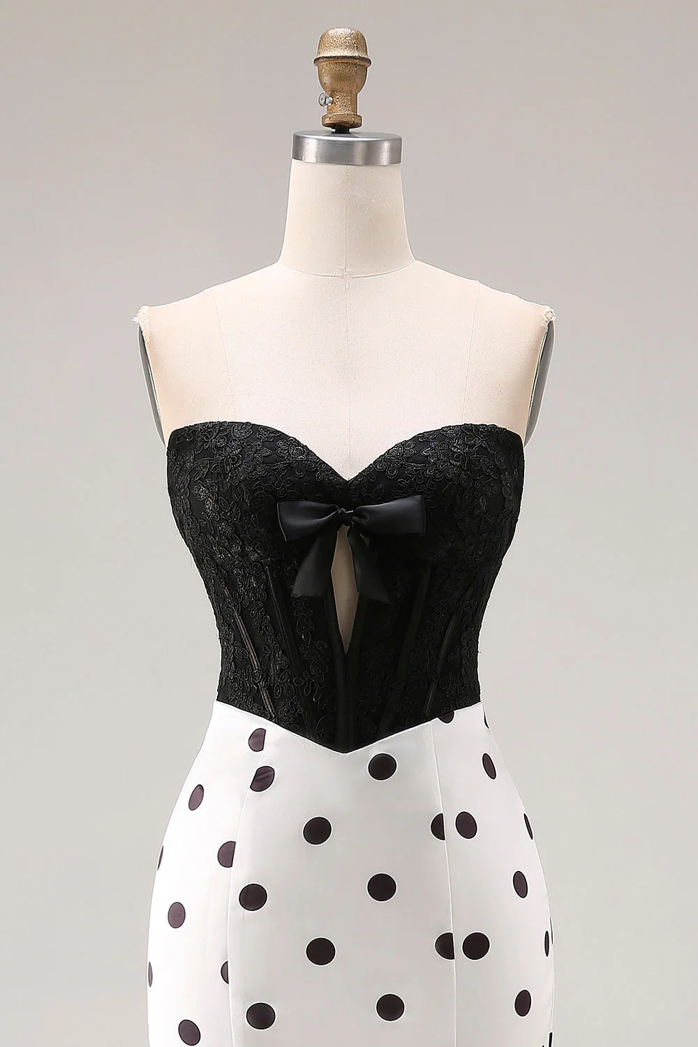 Robe de bal longue corset à pois à pois noirs et blancs en forme de sirène - Image 6