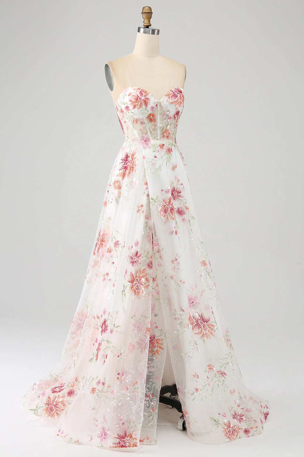 Robe de soirée longue Corset brodée de fleurs ivoire avec fente - Image 3