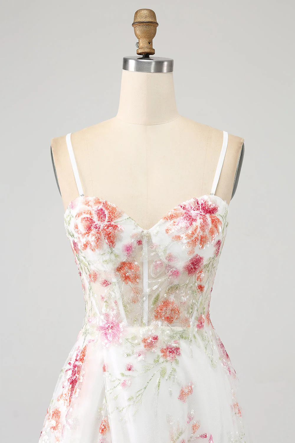 Robe de soirée longue Corset brodée de fleurs ivoire avec fente - Image 4
