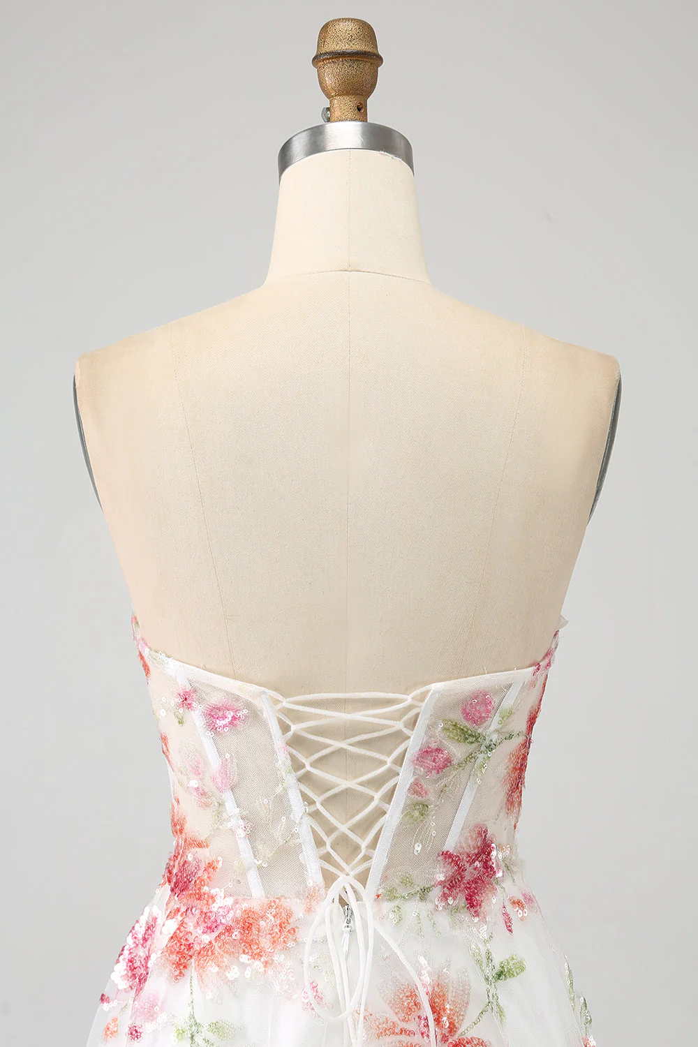 Robe de soirée longue Corset brodée de fleurs ivoire avec fente - Image 5