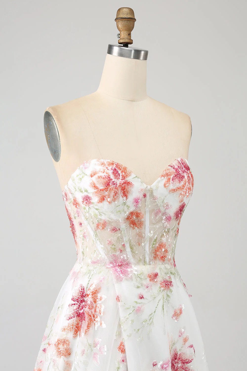 Robe de soirée longue Corset brodée de fleurs ivoire avec fente - Image 6