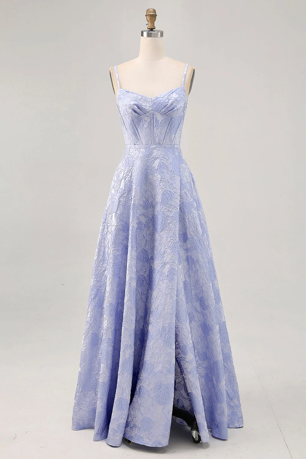 Robe de bal longue corset en brocart bleu A-ligne avec fente
