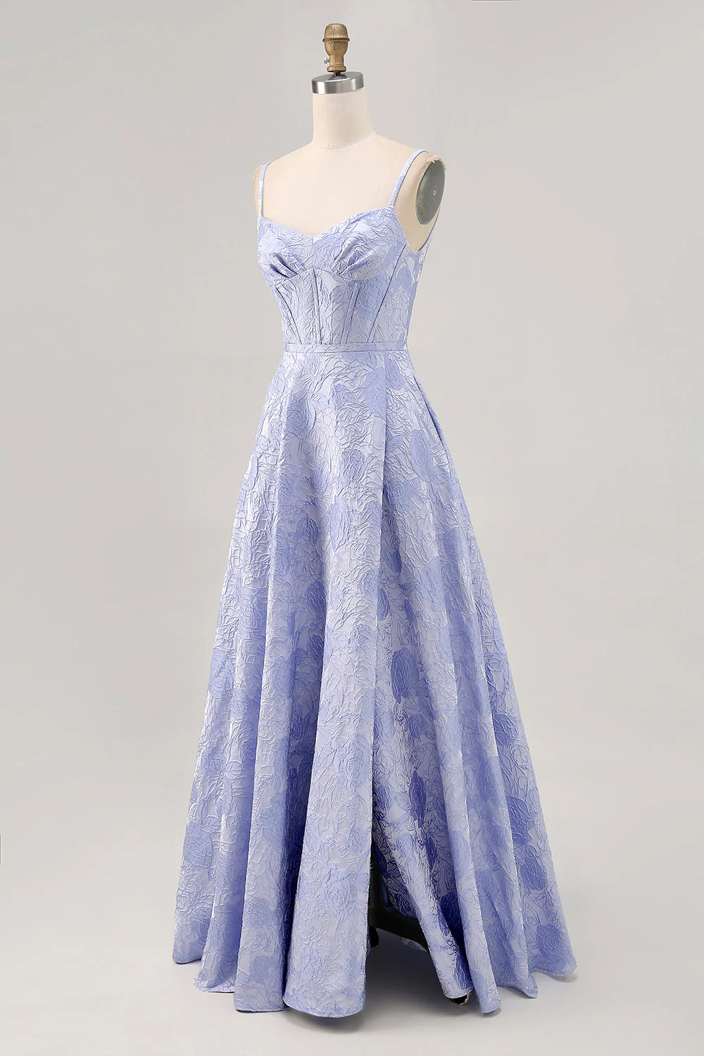 Robe de bal longue corset en brocart bleu A-ligne avec fente - Image 3