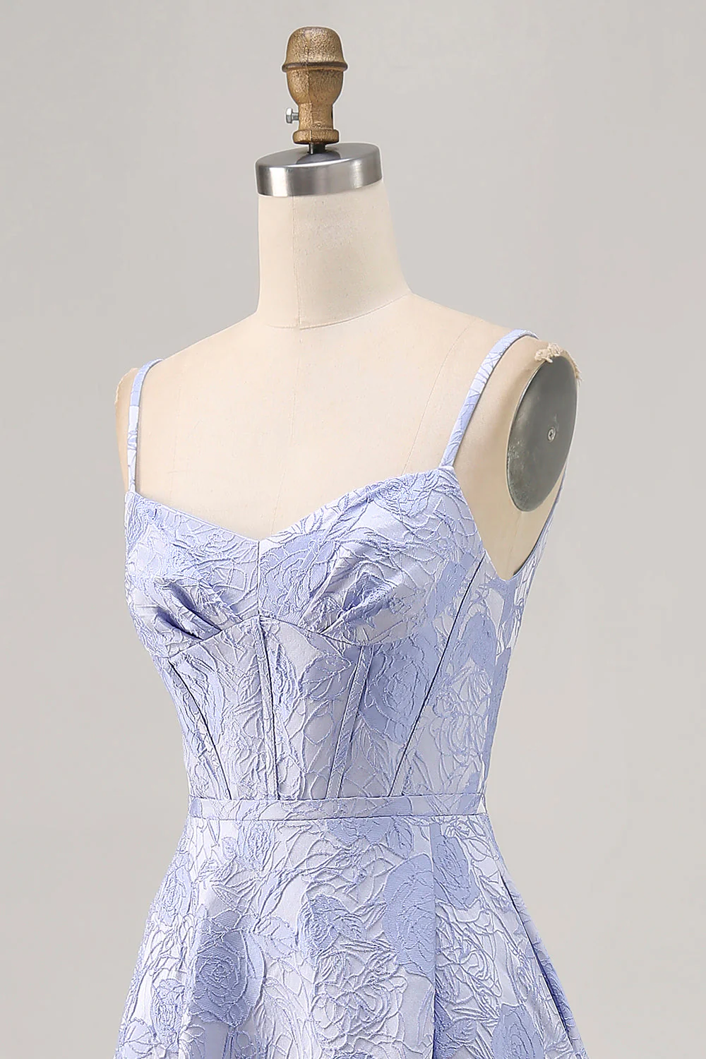 Robe de bal longue corset en brocart bleu A-ligne avec fente - Image 5