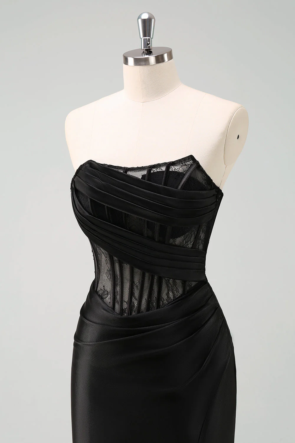 Robe de bal longue corset froncé sirène sans bretelles noire - Image 12