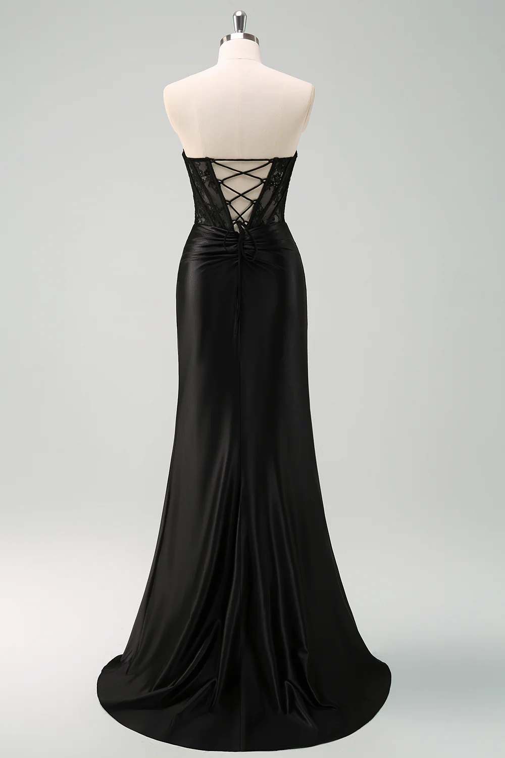 Robe de bal longue corset froncé sirène sans bretelles noire - Image 3