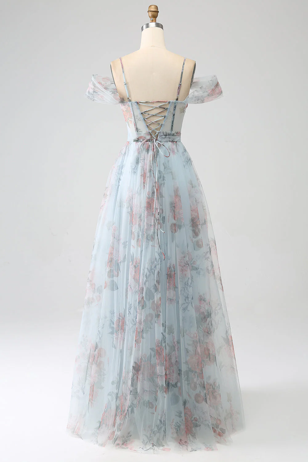 Robe de soirée longue corset longue à épaules froides imprimée bleu A-ligne avec fente - Image 2