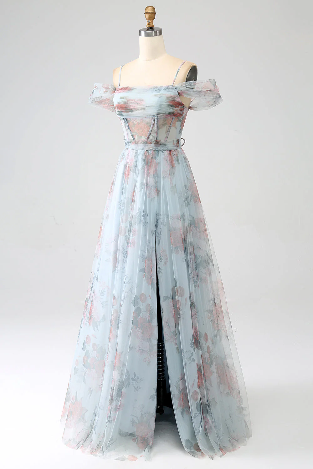 Robe de soirée longue corset longue à épaules froides imprimée bleu A-ligne avec fente - Image 3