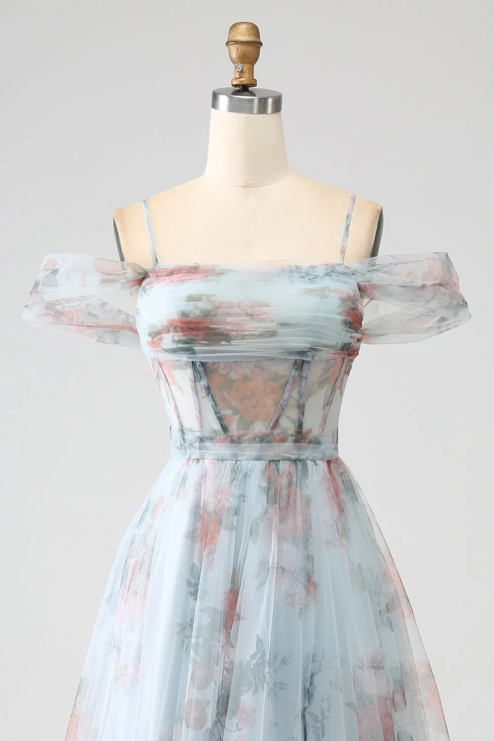 Robe de soirée longue corset longue à épaules froides imprimée bleu A-ligne avec fente - Image 4