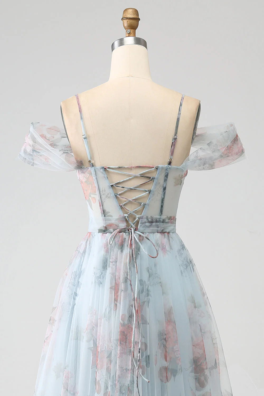 Robe de soirée longue corset longue à épaules froides imprimée bleu A-ligne avec fente - Image 5