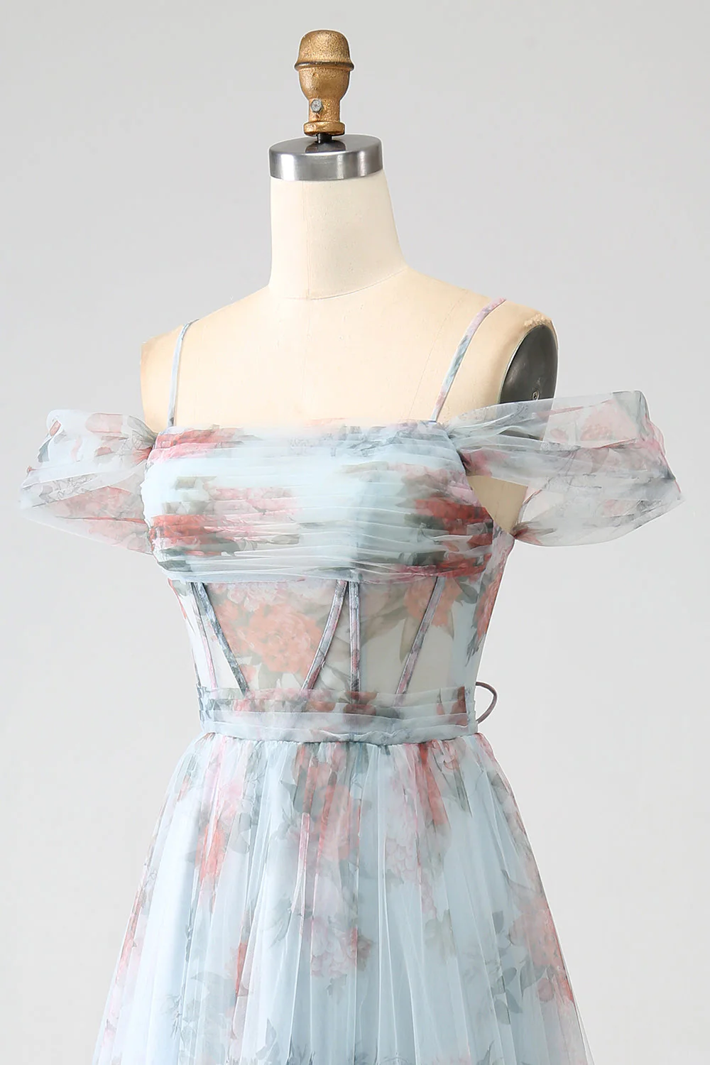 Robe de soirée longue corset longue à épaules froides imprimée bleu A-ligne avec fente - Image 6