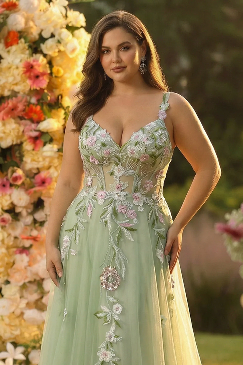 Robe de bal longue corset longue en tulle appliquée Green A Line avec fente - Image 3