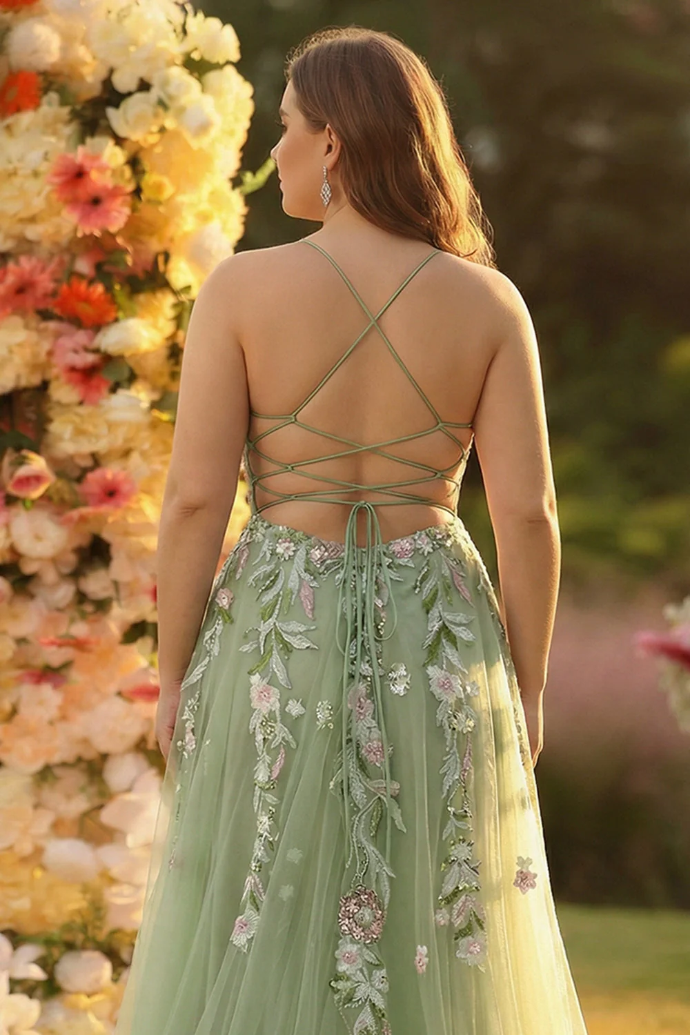Robe de bal longue corset longue en tulle appliquée Green A Line avec fente - Image 4