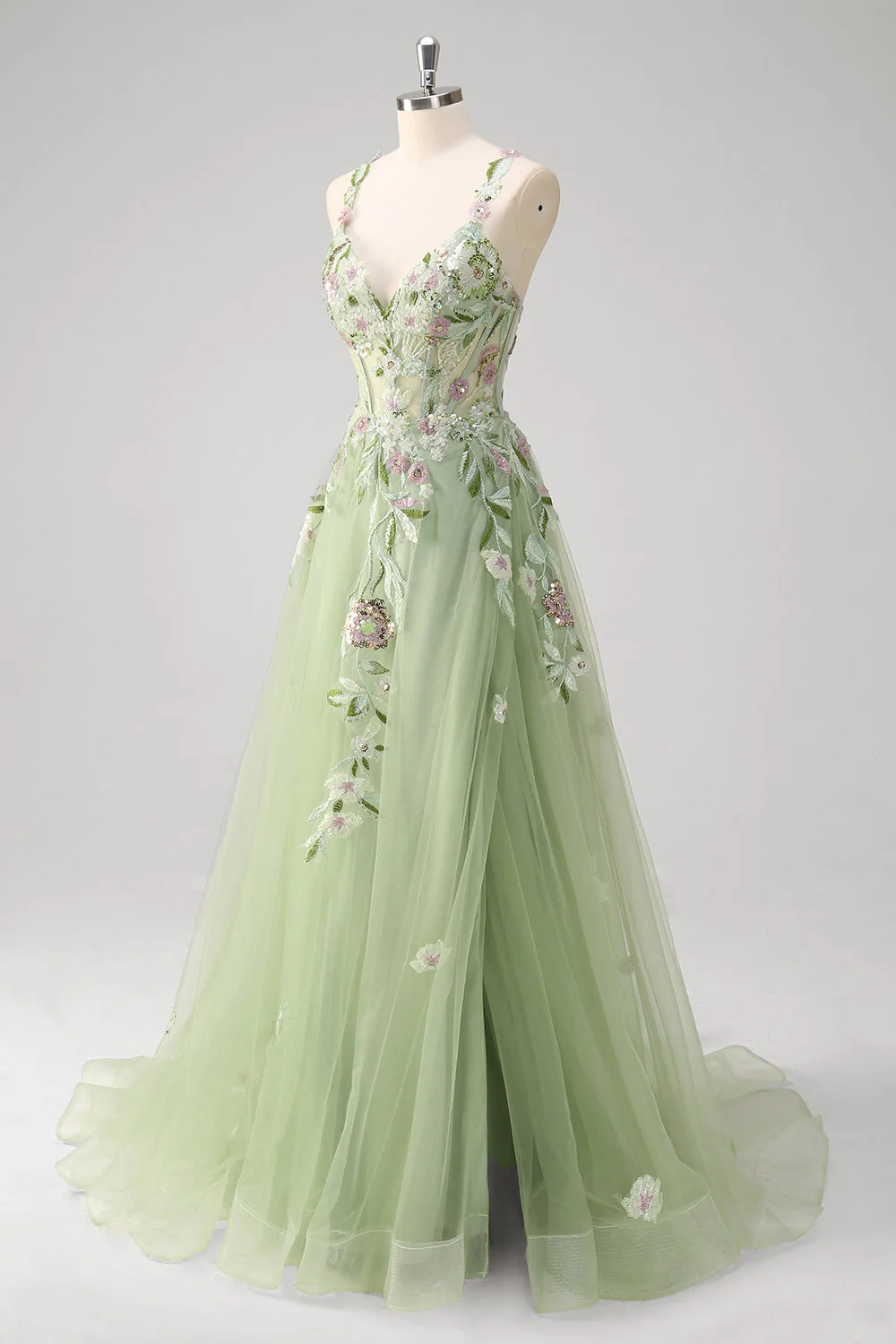 Robe de bal longue corset longue en tulle appliquée Green A Line avec fente - Image 7