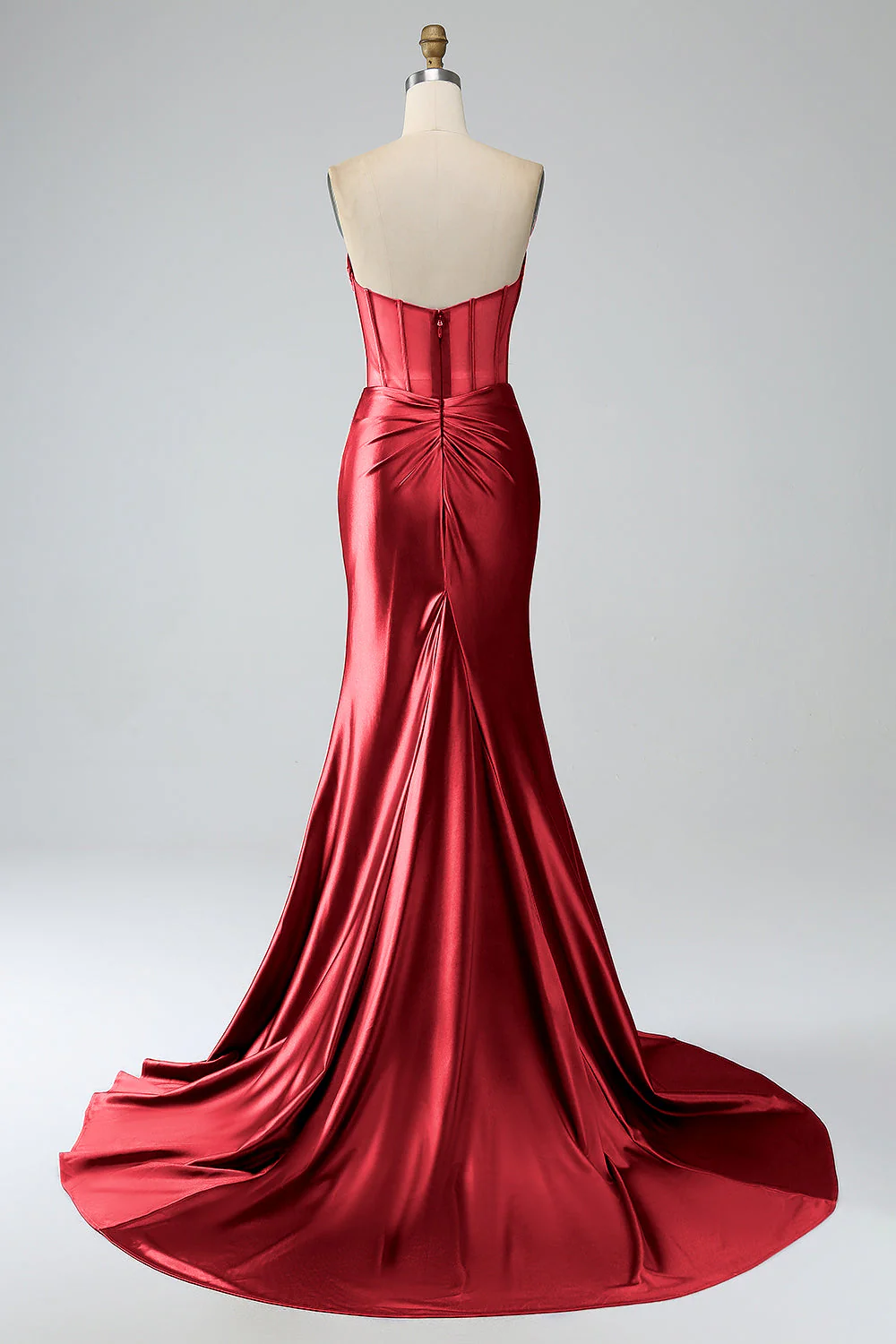Robe de Soirée longue corset plissée sans bretelles sirène rouge avec fente - Image 2