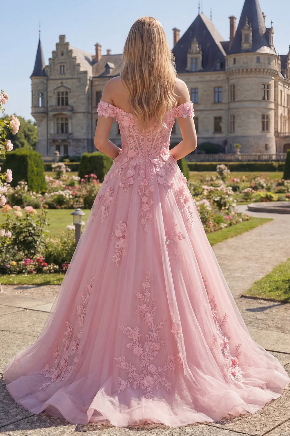 Robe de bal longue corset rose en ligne A dénudée avec des fleurs 3D - Image 2