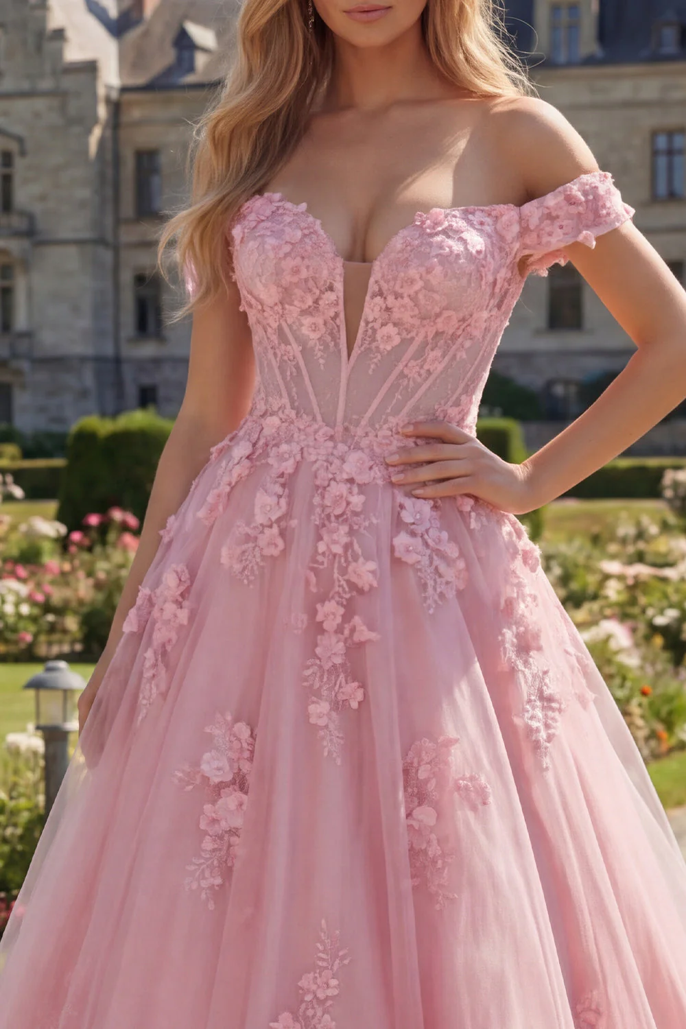 Robe de bal longue corset rose en ligne A dénudée avec des fleurs 3D - Image 3