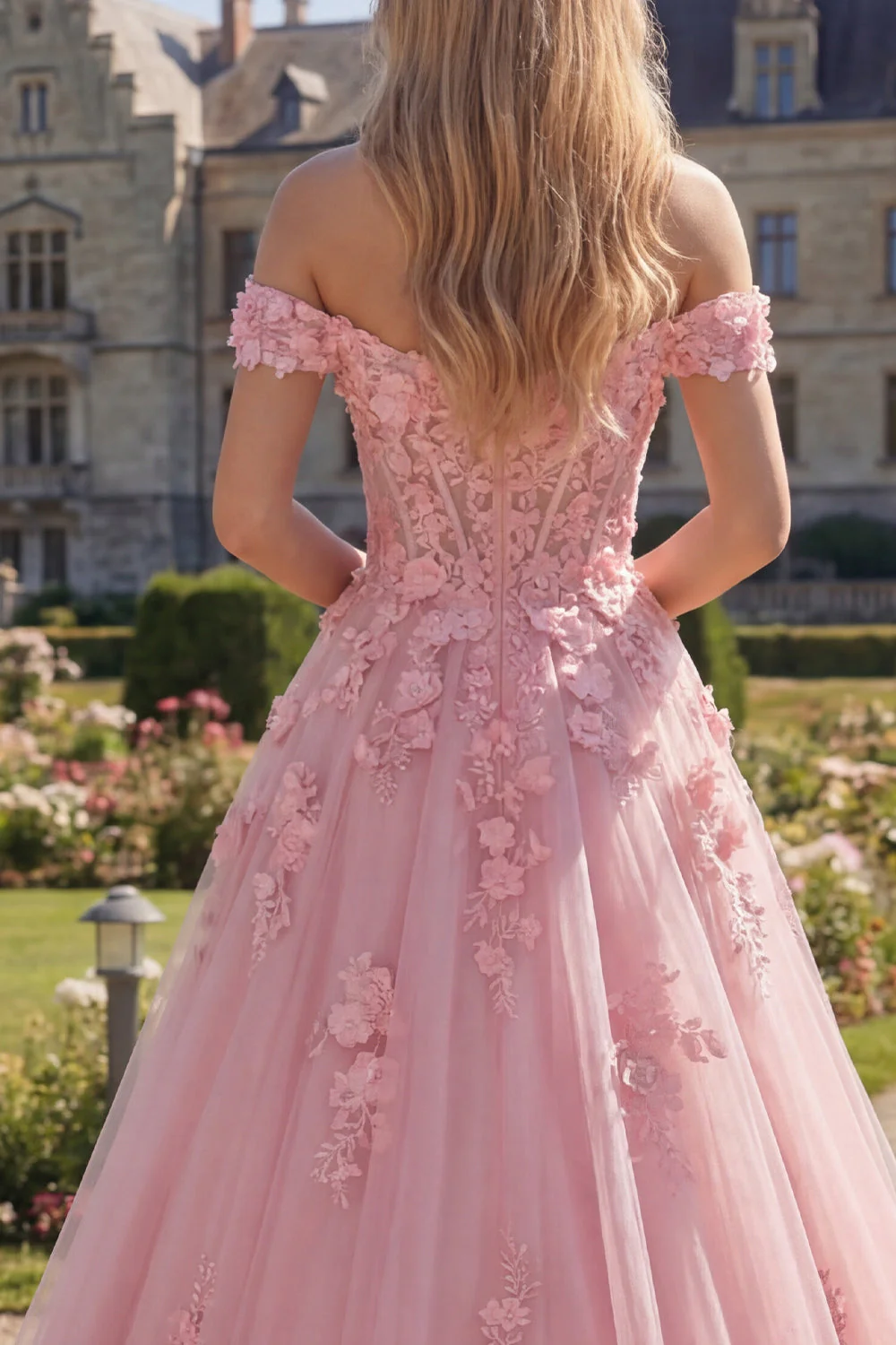Robe de bal longue corset rose en ligne A dénudée avec des fleurs 3D - Image 4