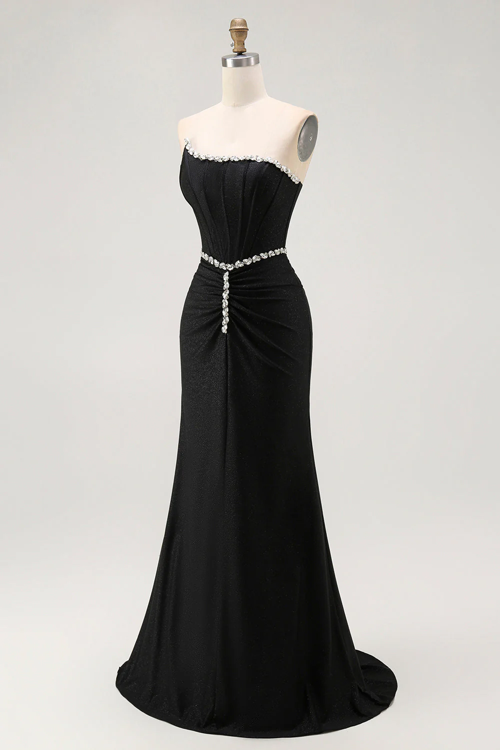 Robe de bal longue corset sans bretelles sirène noire avec perles - Image 3