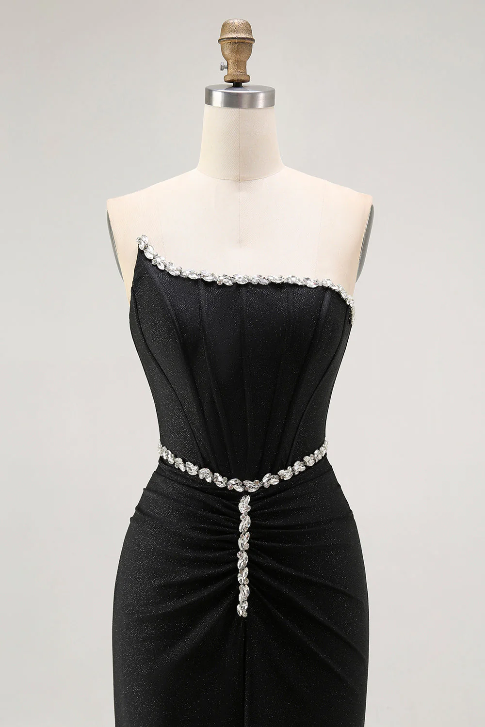 Robe de bal longue corset sans bretelles sirène noire avec perles - Image 4
